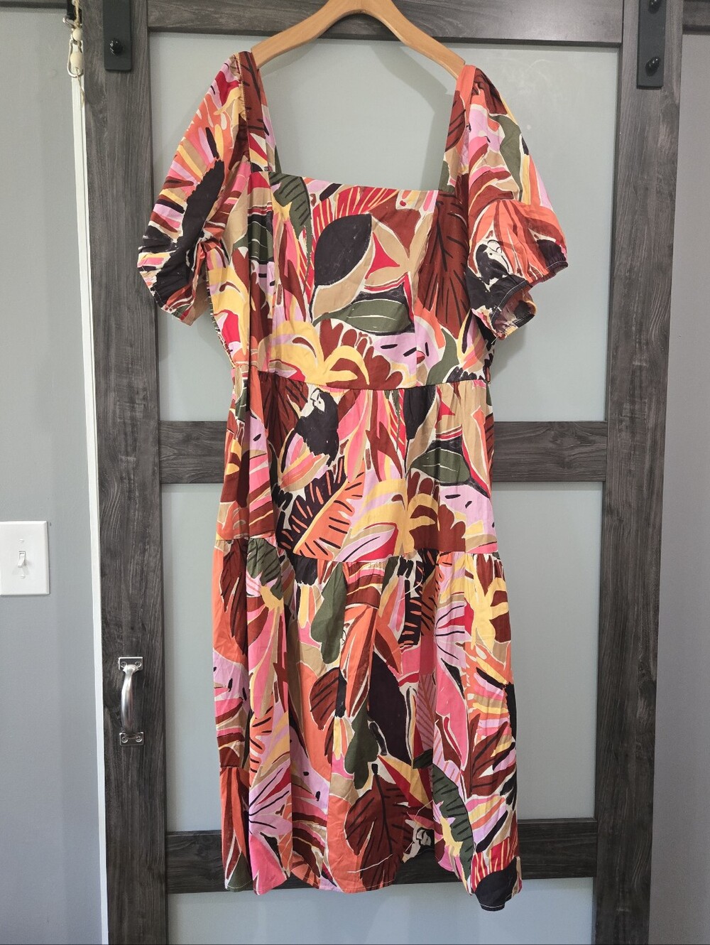 Crystal City Tropical Floral Tiered Midi Dress Plus Size 3X Cotton Square neck